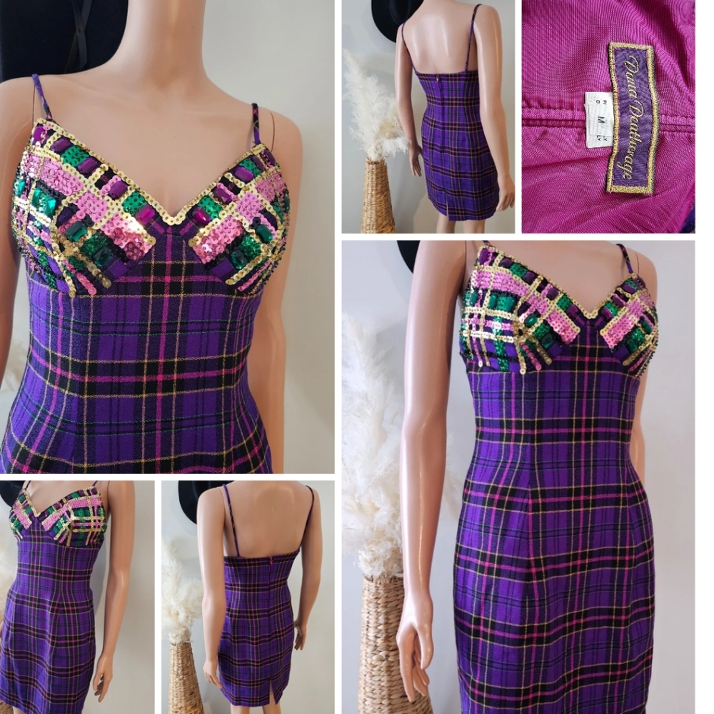 Dana Deatherage 80'/90' Vintage Jewelry Purple Plaid Strapless Mini Dress